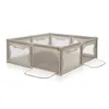 A beige playpen with transparent mesh sides and two clear plastic flaps extending from the bottom of two of the sides. Produktbild-Vorschau