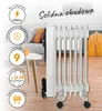 An oil radiator is shown in a living room setting, with decorative elements and text overlays highlighting its features. Náhled obrázku produktu