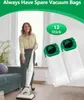 A woman is vacuuming with a white stick vacuum cleaner, and two spare vacuum bags are shown in the foreground. Produktbild-Vorschau