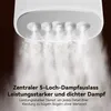 Close-up of a white steam iron head emitting steam, with German text describing its features. Produktbild-Vorschau