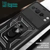 Close-up of a black phone case with a ring stand and camera cover, with text overlays. Produktbild-Vorschau