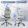 Two views of an ergonomic office chair with dimensions and specifications overlaid. Produktbild-Vorschau