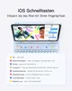 A keyboard case for an iPad with a list of iOS shortcuts. Produktbild-Vorschau