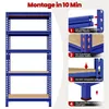 An instructional image showing the assembly steps for a blue shelving unit with MDF shelves. Produktbild-Vorschau