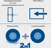 Diagrams illustrating features of a wet and dry grinder, including motor power, spindle size, and the 2-in-1 functionality. Produktbild-Vorschau