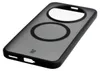 A black, translucent phone case with two circular cutouts on a light gray background. Produktbild-Vorschau