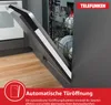 A dishwasher with its door partially open, showing the interior and a graphic overlay highlighting an automatic door opening feature. Produktbild-Vorschau