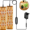 A product shot of two LED grow light panels connected to a controller and power adapter, with a small inset image showing plants on a shelf.