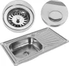 A stainless steel kitchen sink with a drainboard and a close-up of the drain assembly and a faucet base. Produktbild-Vorschau