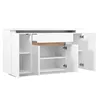 A white sideboard with open doors and drawers, revealing shelves and a wooden accent. Anteprima dell’immagine prodotto