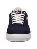 A close-up front view of a navy blue sneaker with white laces. Produktbild-Vorschau