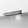 A modern kitchen range hood installed under white cabinets. Voir les images du produit