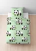 A children's bedding set with a panda motif is displayed on a bed. Produktbild-Vorschau
