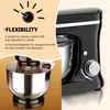 A split image showing a black stand mixer with a stainless steel bowl on the left, and a close-up of the mixer's control dial and a graphic illustrating speed control on the right. Produktbild-Vorschau