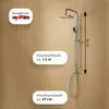 A shower system with a rain shower head and a hand shower, mounted on a wall. Text overlays provide product details and brand information. Produktbild-Vorschau