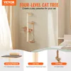A collage of images showing a four-level cat tree mounted on a wall, with close-ups of its components. Náhľad obrázku produktu