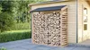 A wooden log store filled with firewood, situated next to a wooden shed in a garden setting. Produktbild-Vorschau