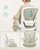 A person is sitting in an ergonomic office chair, with close-ups of the chair's features. Náhled obrázku produktu