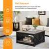 A living room scene featuring a coffee table with decorative items and a sofa in the background, with an orange sidebar highlighting product features. Produktbild-Vorschau