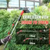 A person is using a long-handled electric hedge trimmer to trim bushes. The image also shows the hedge trimmer at two different lengths with measurements. Produktbild-Vorschau