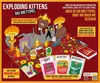 A chaotic and humorous scene depicting the board game "Exploding Kittens" with cartoonish elements like exploding mushrooms, a cat on fire, and various game cards. Produktbild-Vorschau