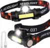 A collage of two images showing a black LED headlamp with a black strap with orange and black patterns. The top image shows the headlamp from the front with the light on, and the bottom image shows the headlamp from the side with the light on, along with a Anteprima dell’immagine prodotto