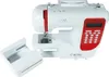 A white and red sewing machine is shown against a white background. A detachable accessory tray is placed in front of the machine. Produktbild-Vorschau