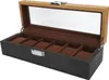 An open wooden watch box with six compartments, lined with brown fabric, and a glass lid. Produktbild-Vorschau