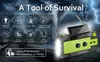 A survival radio is shown in front of a stormy background with tornado and lightning. Feature icons are displayed around the product. Produktbild-Vorschau