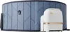 A white control unit is placed next to a blue and white patterned inflatable hot tub. Náhled obrázku produktu