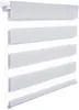 A close-up view of a gray and white striped roller blind.