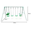A swing set with multiple swings and a glider, shown against a white background with dimensions indicated. Produktbild-Vorschau