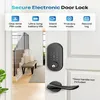 A smart door lock is shown mounted on a white door, with a hallway visible through an open doorway in the background. Náhľad obrázku produktu