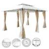 A white gazebo with beige curtains on a white background, with four circular icons at the bottom. Produktbild-Vorschau