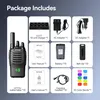 A collage of a walkie-talkie and its accessories, presented as a package contents list. Voir les images du produit