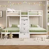A white bunk bed with green bedding and stuffed animals in a child's room. Náhled obrázku produktu