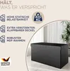 A black storage ottoman is shown with marketing text and icons on the left side, and a hint of a plant on the right. Produktbild-Vorschau