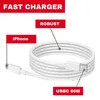 A white iPhone charging cable with USB-C connector is coiled on a white background. Text labels highlight features like 'FAST CHARGER', 'ROBUST', 'iPhone', and 'USBC 60W'. Produktbild-Vorschau