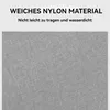A close-up of grey fabric with text overlay describing its features. Produktbild-Vorschau