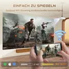 A projector is projecting a video game onto a wall, with a smartphone mirroring the display. Produktbild-Vorschau