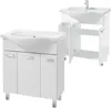 Two white bathroom vanity cabinets with sinks and faucets are shown against a white background. One is fully assembled and closed, while the other is shown with its cabinet doors open. Produktbild-Vorschau