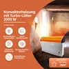 A white convection heater with orange heating elements is shown in a rustic, dimly lit room. The left side of the image features marketing text and icons. Produktbild-Vorschau