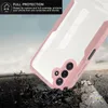A pink and clear phone case is shown falling onto a rocky surface, with text overlay describing its protective features. Produktbild-Vorschau
