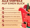 A close-up marketing image of a wooden advent calendar in the shape of a sleigh, with text highlighting its features. Anteprima dell’immagine prodotto