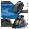 A marketing image showcasing a black wireless vertical mouse with various features highlighted by text and numbered labels. Produktbild-Vorschau