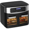 A black and silver dual-chamber air fryer with food visible inside the transparent doors. Produktbild-Vorschau