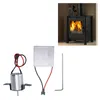 A collection of components for a thermoelectric generator and fan, alongside an image of a wood-burning stove with a fan on top. Voir les images du produit