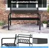 A black metal park bench is shown outdoors on a patio with brick wall and plants in the background. The image is divided into three sections, with the main image showing the bench and two smaller inset images highlighting specific features. Produktbild-Vorschau