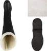 A top-down view of a black boot with white fur lining, a close-up of the fur texture, and a view of the boot's sole. Produktbild-Vorschau