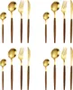 A collection of gold-colored cutlery with brown wooden handles, arranged in sets. Produktbild-Vorschau